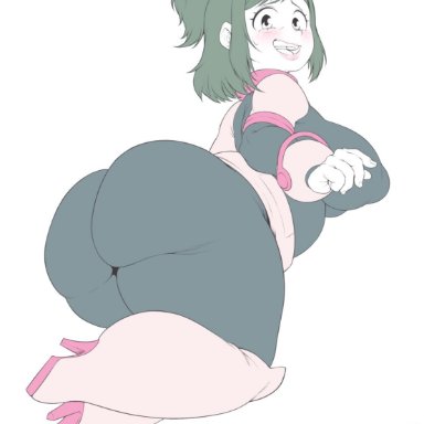 alternate costume, ass, big ass, big breasts, blush, breasts, chubby, cosplay, embarrassed, green hair, huge ass, huge breasts, impossible clothes, inko midoriya, looking back