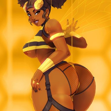 1girl, 1girls, afro, afro puffs, areola, areolae, artist name, ass, big ass, big breasts, big butt, brown skin, bumblebee (dc), bust, busty
