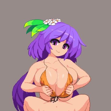 1boy, animated, ass, benben tsukumo, bikini, blush, breast hold, breasts, dainapp, female, flower, focused, hair ornament, hands, huge breasts