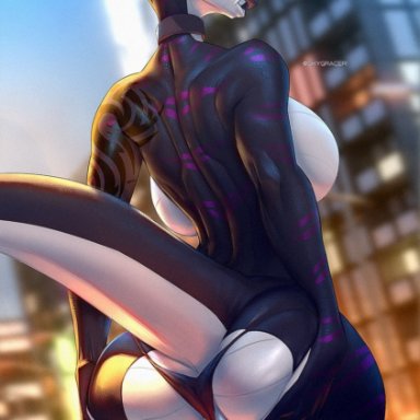 4 fingers, anthro, arched back, ass, ass grab, backboob, big ass, big breasts, big butt, black legwear, black panties, black scales, blue eyes, breasts, choker