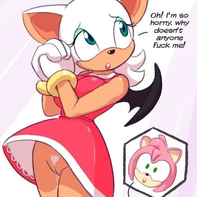 3:4, alternate costume, amy rose, anthro, big breasts, bodily fluids, breasts, chiropteran, clothing, clothing swap, cosplay, dialogue, dress, duo, english text