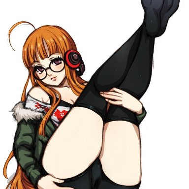 1girls, ass, ass grab, black panties, black stockings, female, female only, glasses, long hair, megami tensei, minacream, orange hair, panties, persona, persona 5