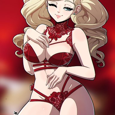 ann takamaki, atlus, big breasts, blonde hair, blue eyes, earrings, female, female only, heart-shaped pupil, kinkymation, lingerie, looking at viewer, persona, persona 5, seductive smile