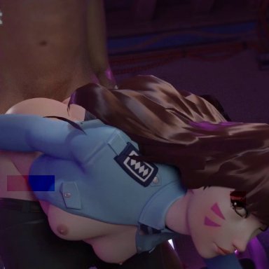 1boy, 1girls, 3d, ambiguous penetration, animated, ass, blizzard entertainment, breasts, brown eyes, brown hair, d.va, female, from behind, from behind position, human