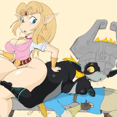 1boy, 2girls, anthro, ass, barefoot, belly, black skin, blue skin, breasts, breath of the wild, covering, covering crotch, curvaceous, day, duo