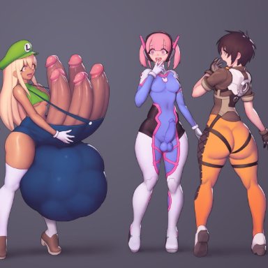 1futa, 2boys, ass, ball bulge, balls, balls in panties, breasts, bulge, butt, clothed male, cosplay, crossdressing, curvy, d.va (cosplay), erection