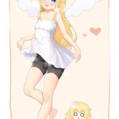 :<, 1other, absurdres, angel, angel wings, armpits, bare shoulders, barefoot, bike shorts, black shorts, blonde hair, blue eyes, blush, broken halo, bulge