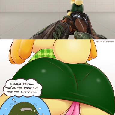 1boy, 1girls, animal crossing, anthro, big ass, clothed, clothing, color, dialogue, doomguy, embarrassed, female, gun, helmet, isabelle (animal crossing)