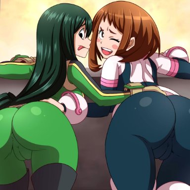 anus, back view, bending over, blush, brown hair, costume, female, gloves, green hair, long hair, looking at viewer, looking back, looking down, my hero academia, ochako uraraka