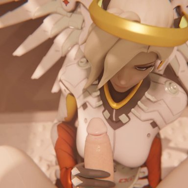 1boy, 1girls, 3d, animated, blonde hair, blue eyes, clothed female nude male, Dreamrider, female, handjob, large penis, looking at viewer, male, mercy, overwatch
