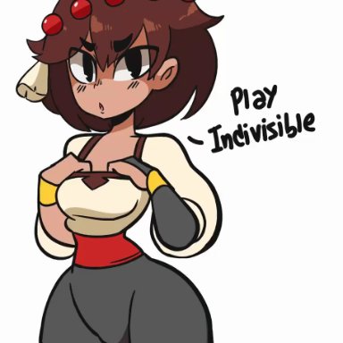 ajna (indivisible), animated, bike shorts, bloomers, brown hair, brown skin, diives, exposed breasts, exposing, indivisible, subtitles, white background