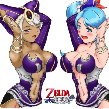 alternate outfit, armpits, arms up, artist request, belly, bellybutton, blue eyes, blue hair, breasts, cia (the legend of zelda), cleavage, dark skin, dark-skinned female, lana (the legend of zelda), large breasts