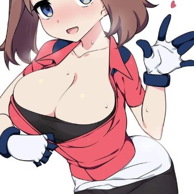 1girls, alternate breast size, big breasts, bike shorts, blue eyes, brown hair, cleavage, clothed, eye contact, heart, heavy breathing, humans of pokemon, looking at viewer, may (pokemon), nintendo