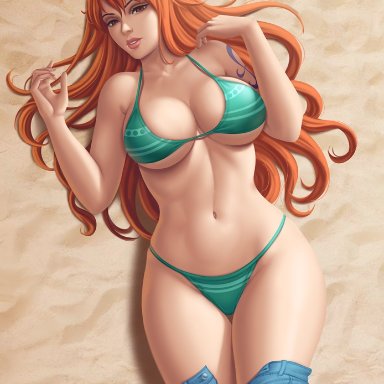 1girls, big breasts, breasts, cleavage, female, female only, flowerxl, large breasts, looking at viewer, nami, one piece, solo