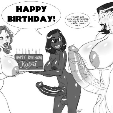 1girls, 2futas, aeolus06, alexandra taye, big breasts, big penis, birthday, birthday cake, black and white, breasts, futa with female, futanari, huge breasts, huge cock, kaori nagahide