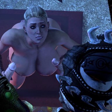 1girl, 2boys, 3d, anal, animated, bouncing breasts, cassie cage, cowgirl position, defeated, dialogue, dirty talk, double penetration, from behind, grunting, handjob