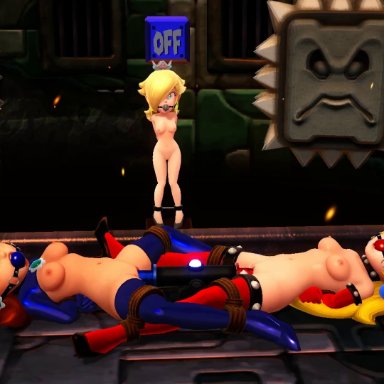 1080p, 3d, 3girls, 60fps, animated, arms behind back, ball gag, blonde hair, blue ball gag, bondage, bound, bound together, breasts, brown hair, crown