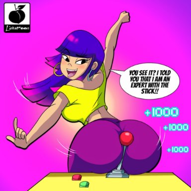 arcade machine, ass, black eyes, crop top, glitch techs, hoop earrings, huge ass, joystick, linkartoon, miko kubota, purple hair, sexually suggestive, tight clothing, tight pants, tongue out