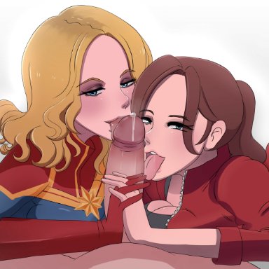 1boy, 2girls, ass, avengers, blonde hair, blue eyes, brown hair, capcom, captain marvel, carol danvers, claire redfield, crossover, double fellatio, ffm, ffm threesome