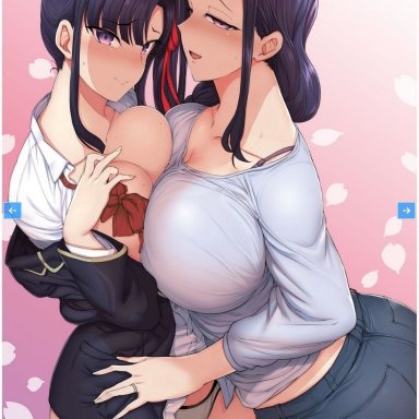 2girls, aiue oka, breast press, dark blue hair, huge breasts, long hair, looking at viewer, mature female, milf, mother and daughter, naughty face, school uniform, simple background