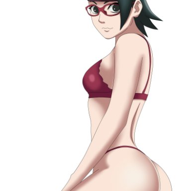 ass, black eyes, black hair, boruto: naruto next generations, criquet, female, female only, glasses, looking at viewer, naruto, naruto (series), sarada uchiha, short hair, simple background, teenager