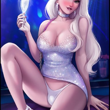 1futa, alcohol, aroma sensei, big breasts, biting lip, blonde hair, blue eyes, blush, bulge, disney, drunk, earrings, elsa (frozen), futa only, futanari