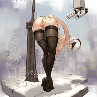 artist name, ass, azto dio, bent over, black legwear, blindfold, boots, breasts, censored, facing viewer, female, hairband, hand on own ass, high heels, highres