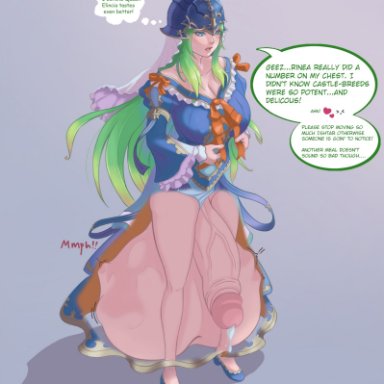 balls, cock, cock vore, cum, ejaculation, fire emblem, futanari, gigantic testicles, green hair, huge breasts, huge cock, huge penis, hugsandv0re, nephenee, nephenee (fire emblem)