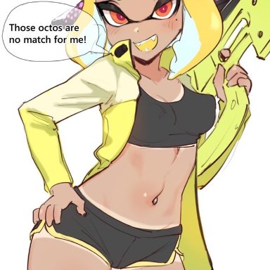 agent 4 (splatoon), booty shorts, dark skin, dark-skinned female, eyeliner, gun, hand on hip, headphones, hips, hotpants, inkling, jtveemo, looking at viewer, navel, navel piercing