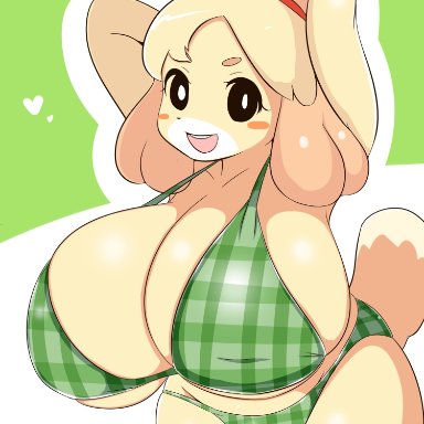 1girls, animal crossing, anthro, armpits, arms behind back, bikini, blush, breasts, furry, huge breasts, isabelle (animal crossing), nintendo, open mouth, sugaru, thick thighs
