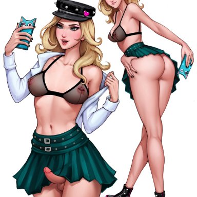 1futa, aroma sensei, ass focus, black shoes, blonde hair, bra, erect penis, erection, erection under skirt, futa only, futanari, miniskirt, original character, peaked cap, pierced nipples