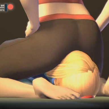 2girls, animated, asphyxiation, ass, barefoot, blonde hair, bodysuit, brown hair, clothed female, defeated, facesitting, feet, female only, femdom, forced