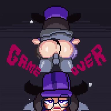 1boy, 1girls, ambiguous penetration, animated, black panties, bouncing, box (character), cap, clothing, countmoxi, dainapp, female, game over, glasses, hat