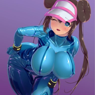 1girls, alternate breast size, alternate outfit, big ass, big breasts, blue eyes, blush, bodysuit, brown hair, clothed, cosplay, crossover, crossover cosplay, domoipetti, hat