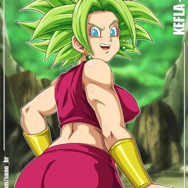 ass, back view, blue eyes, dragon ball, dragon ball super, ear piercing, female, green hair, kefla, large ass, looking back, open mouth, outdoors, pants, sano-br