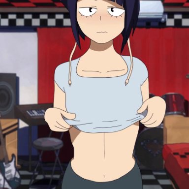 animated, animated gif, blush, detailed background, exposed breasts, flashing, gif, kyoka jiro, looking at viewer, looking away, musical instrument, my hero academia, purple hair, small breasts, speech bubble