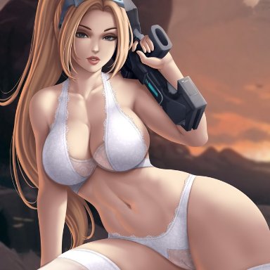 1girls, big breasts, blonde hair, bra, breasts, cleavage, female, female only, flowerxl, large breasts, lingerie, looking at viewer, nova (starcraft), panties, partially visible vulva