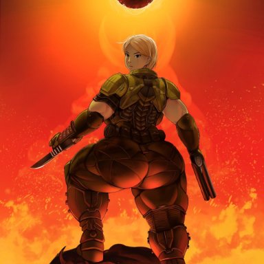 1girls, armor, ass, black eyes, blonde hair, boots, breasts, cleavage, clothed, curvaceous, doom, doomgal, doomguy, female, fire