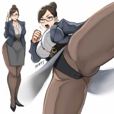 asian, asian female, big ass, big breasts, brown hair, capcom, chun-li, clothed female, female, glasses, hair bun, high heels, mature female, shibusun, smile