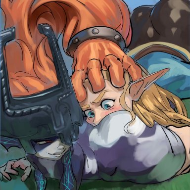 2girls, angry, anilingus, ass, blonde hair, blue eyes, blush, breath of the wild, clothed female nude female, crossover, elf, flat chest, forced oral, forced yuri, grass