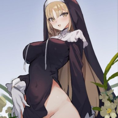 blonde hair, blush, breasts, covered navel, eyebrows visible through hair, flower, gloves, hair between eyes, long hair, nijisanji, nun, open mouth, outdoors, pubic hair, pubic hair peek