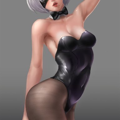 animal ears, armpits, artist name, blindfold, breasts, bunny ears, female, high resolution, highres, latex suit, limgae, mole, mole under mouth, nier, nier (series)