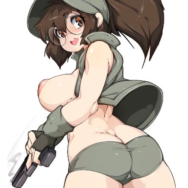 1girls, areolae, ass, big ass, big breasts, breasts, brown eyes, brown hair, fio germi, glasses, gun, hat, inverted nipples, metal slug, military uniform