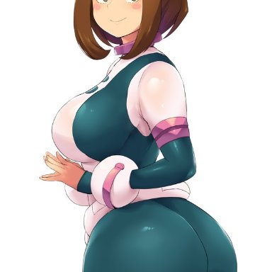 bodysuit, brown hair, cleavage, huge ass, huge breasts, looking at viewer, looking back, minakami, my hero academia, ochako uraraka, short hair, smile, tight clothing