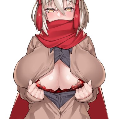 blush, bra, fate/grand order, hair ornament, huge breasts, looking at viewer, okita souji (alter) (fate), opening shirt, presenting breasts, scarf, school uniform, schoolgirl, short hair, sweater, unbuttoned shirt