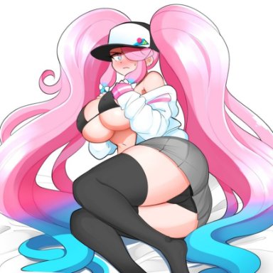 amy (theycallhimcake), blue eyes, blue hair, blush, bra, clothing, hat, huge ass, huge breasts, jacket, looking at viewer, multicolored hair, piercing, pink hair, shorts