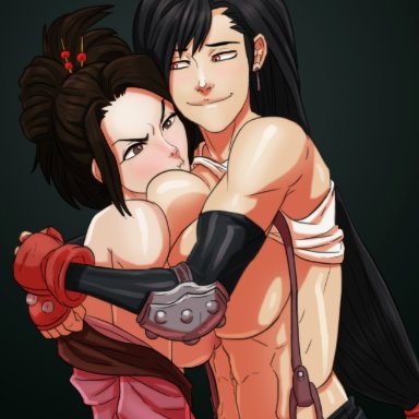 2girls, abs, asymmetrical docking, black hair, black skirt, breast envy, breast press, breasts, brown eyes, brown hair, commission, earrings, elbow gloves, final fantasy, final fantasy vii