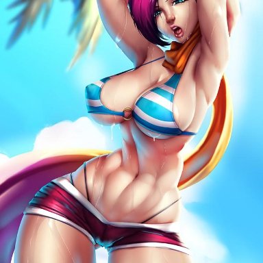 1girls, abs, big breasts, bikini, breasts, cleavage, female, female only, fiora laurent, large breasts, league of legends, looking at viewer, lord dominik, solo, thick thighs