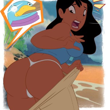 1girls, back view, bare shoulders, big breasts, black hair, brown eyes, busty, butt crack, chubby, curvy, dat ass, detailed background, disney, english text, eyelashes