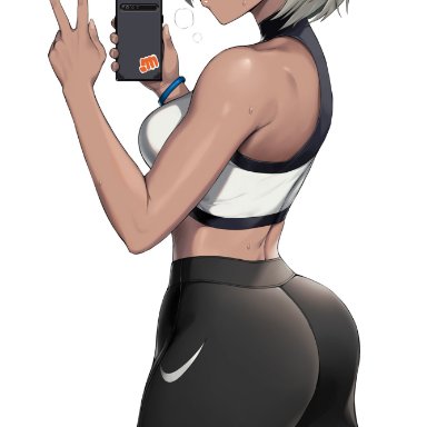 1girls, alternate outfit, ass, back, bare shoulders, bea (pokemon), blush, bra, bracelet, breasts, cellphone, dark skin, eye contact, female, greem bang